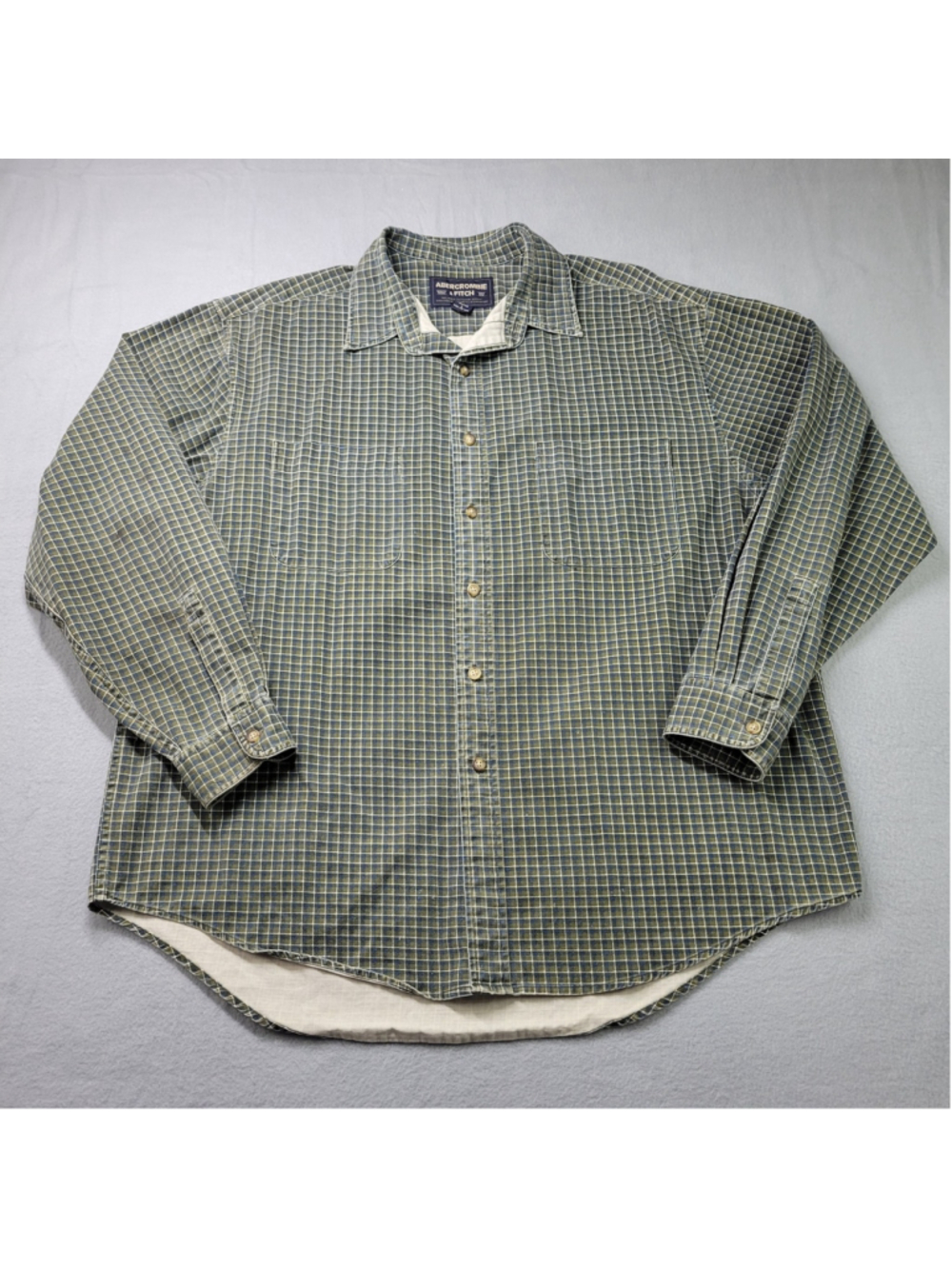 Vintage Abercrombie & Fitch Men's L Green Blue Plaid Flannel Shirt 90s Heritage